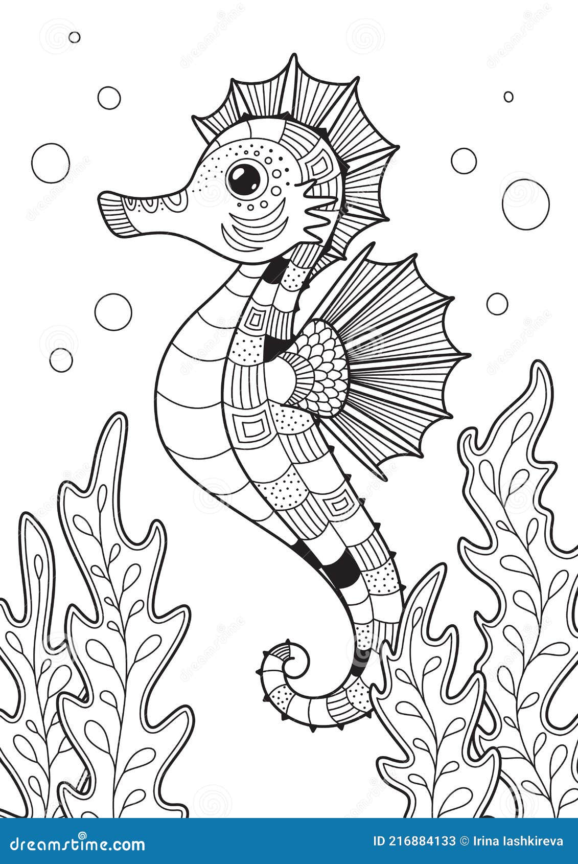 Sea horse doodle coloring book page antistress for adults zentangle style for print tattoo coloring book page black and white stock vector