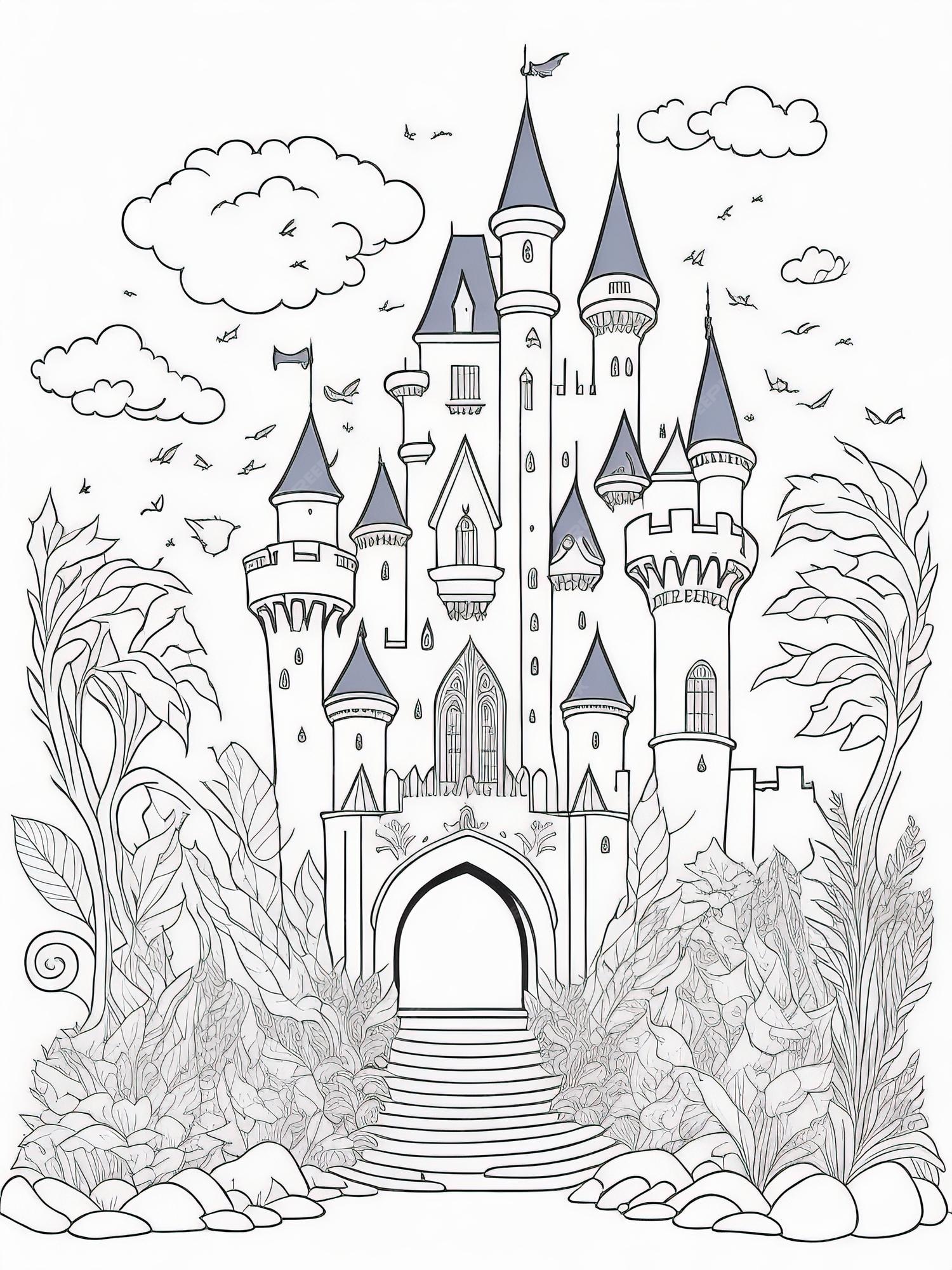 Premium vector explore fairyland printable fairy tale castle coloring sheet