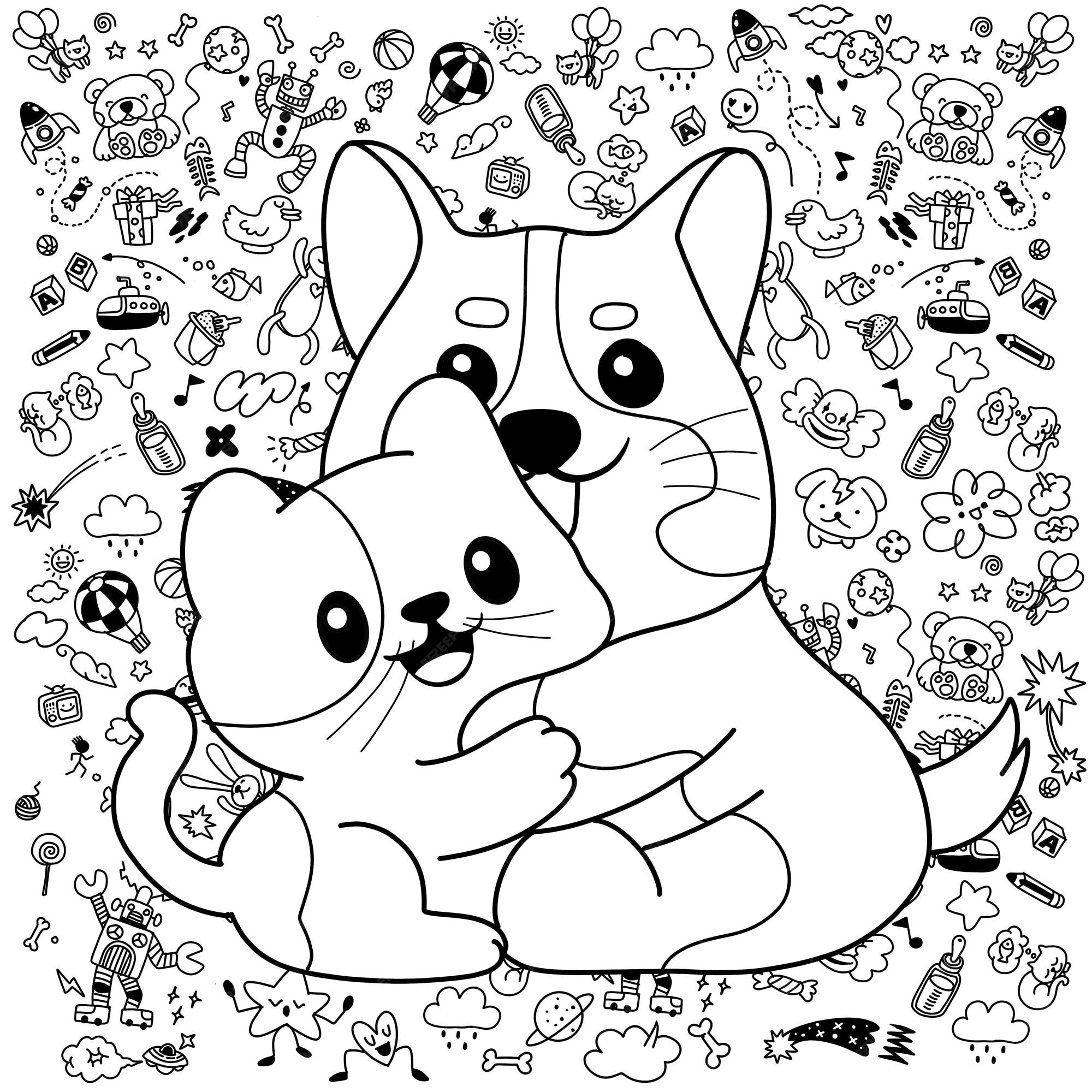 Premium vector black and white coloring pages for kidsa big adorable dogs and cats hug each other lovingly both of them turned and smiled at you with a cute drawing by