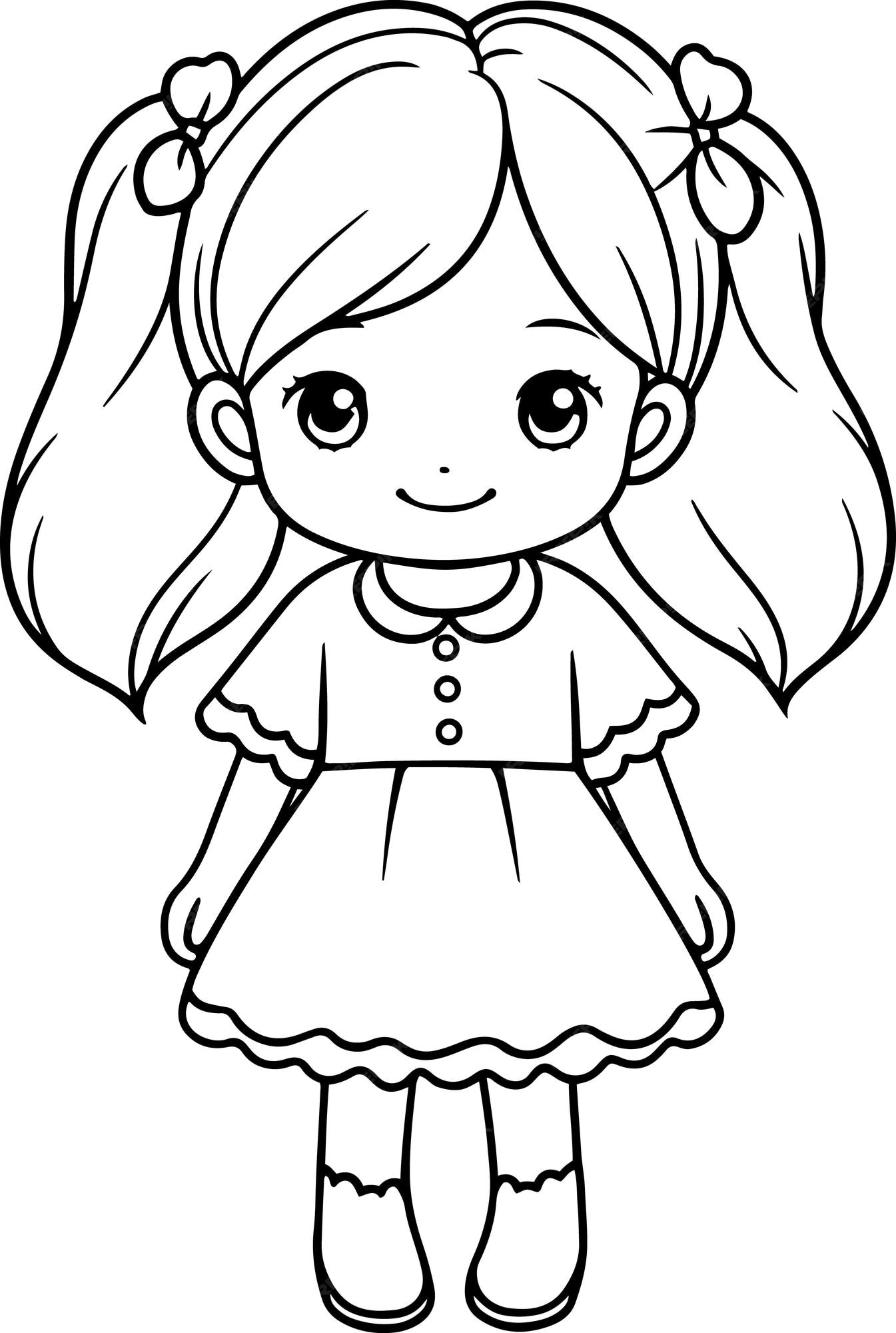 Premium vector doll vector illustration black and white outline doll coloring book or page for children