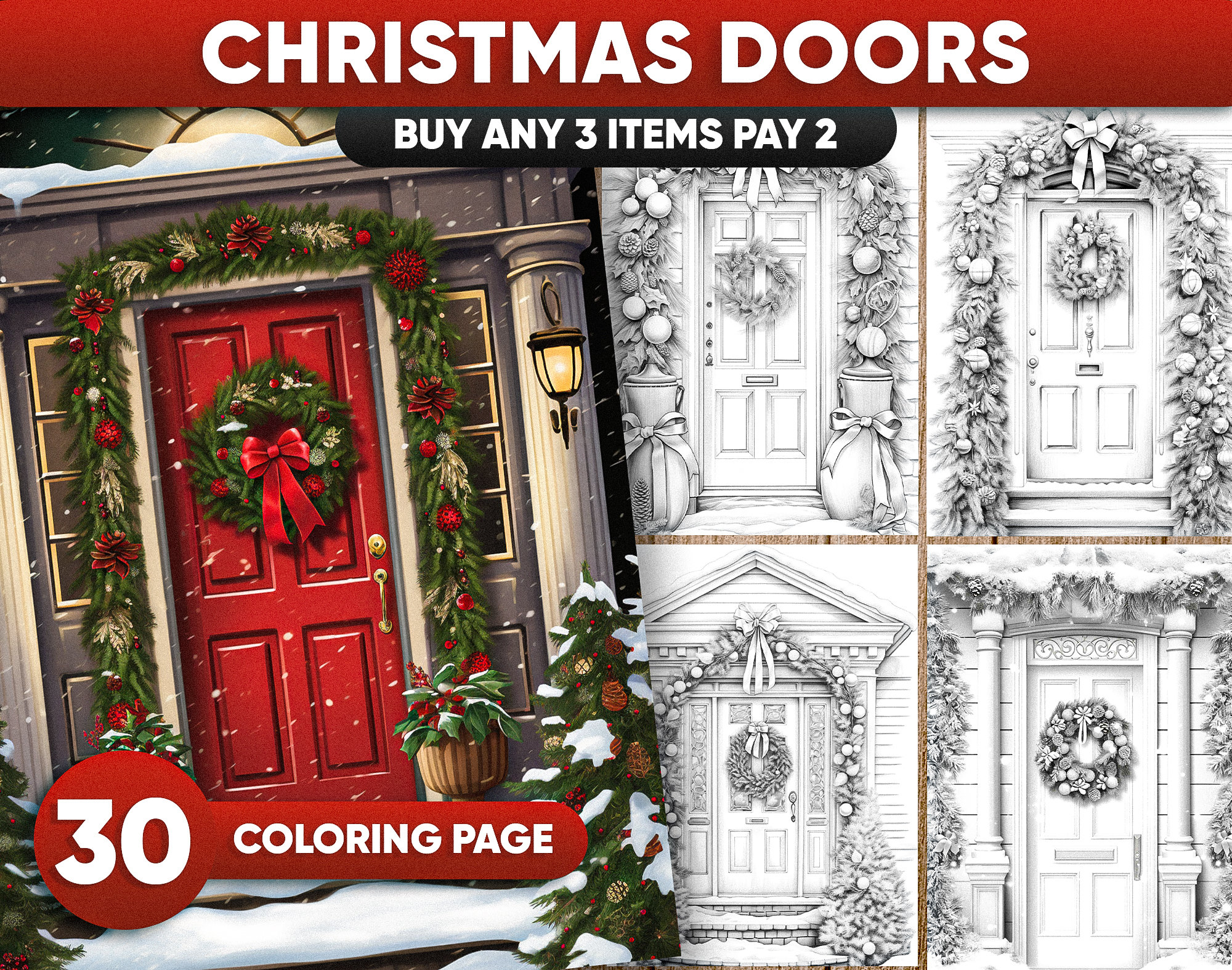 Christmas doors grayscale coloring pages for adults in jpgpdf file instant download printable coloring page