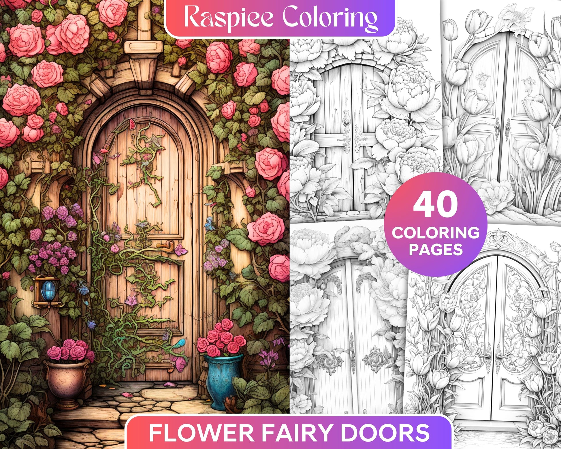 Flower fairy doors grayscale coloring pages printable for adults p â coloring