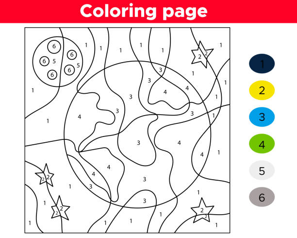 Number coloring page for preschool kids educational game earth day vector space moon and stars stock illustration