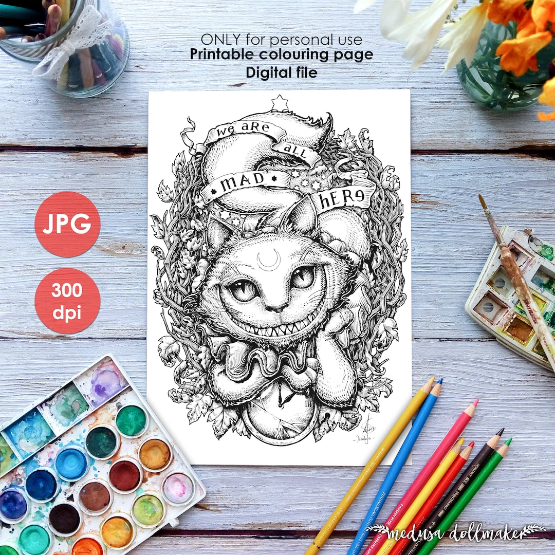 Cheshire cat colouring page printable coloring page adults children art nouveau lineart halloween alice wonderland paint medusa dollmaker