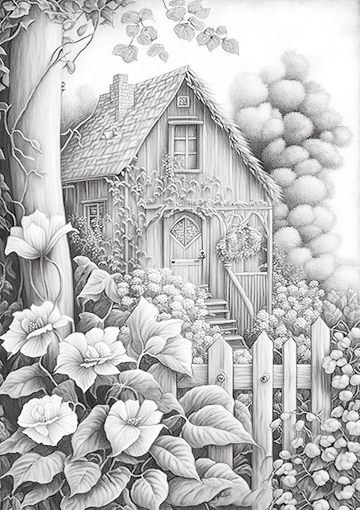 Cottage gardens coloring book set printable adult coloring pages download grayscale illustration printable pdf file