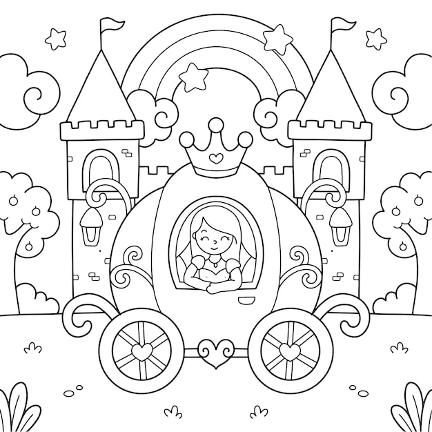 Premium vector beautifull princess in carriage castle coloring page illustration