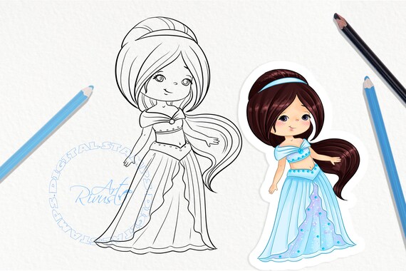 Princess coloring pages digital stamps princesses fairytales girl birthday decor diy clip art game laser cut line art download