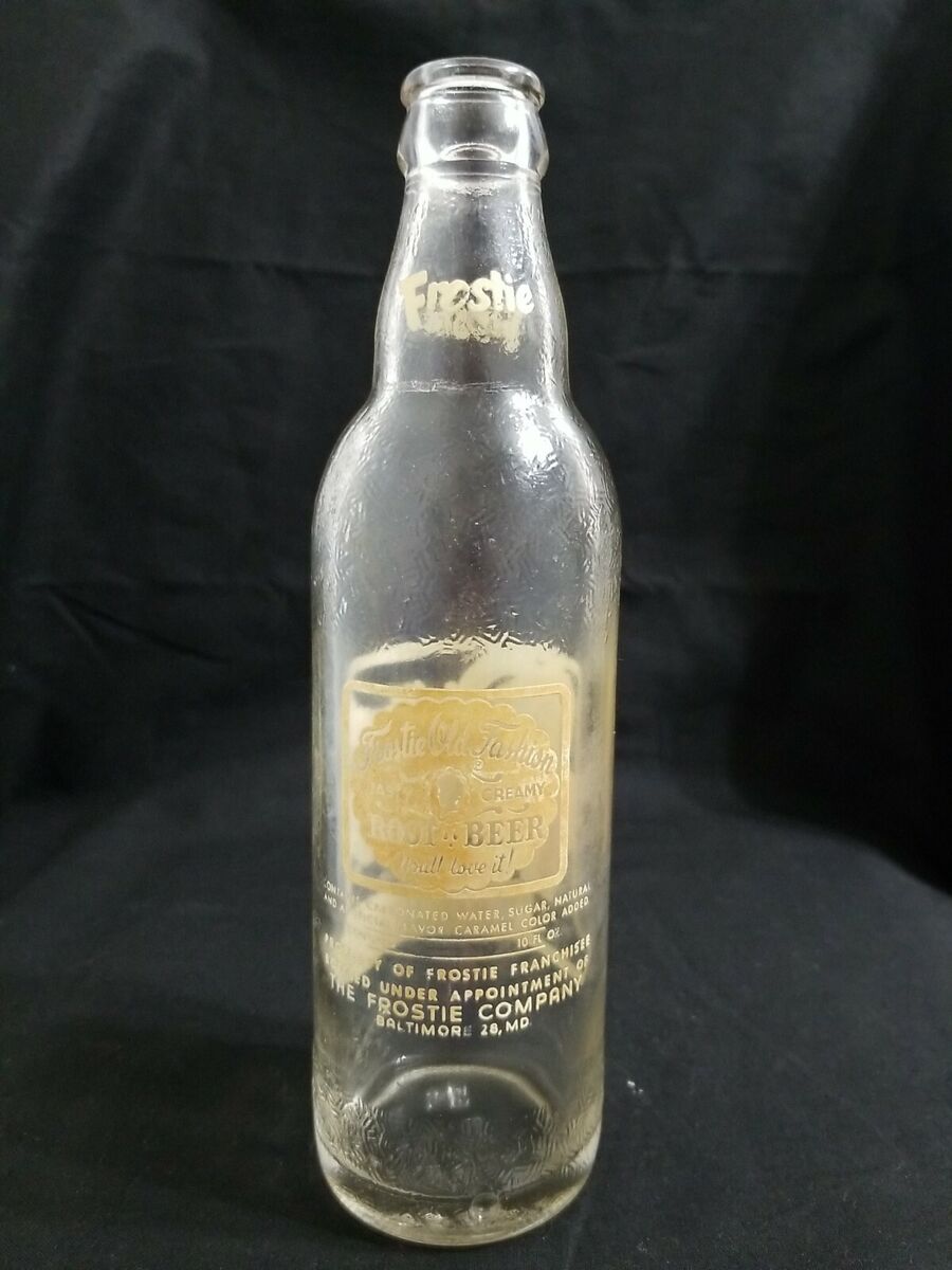 Old frostie root beer bottle painted label baltimore md rtoon elf mascot oz