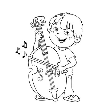 Coloring page outline of cartoon boy playing the cello musical instruments coloring book for kids vector