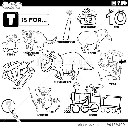 Letter t words educational set coloring book page