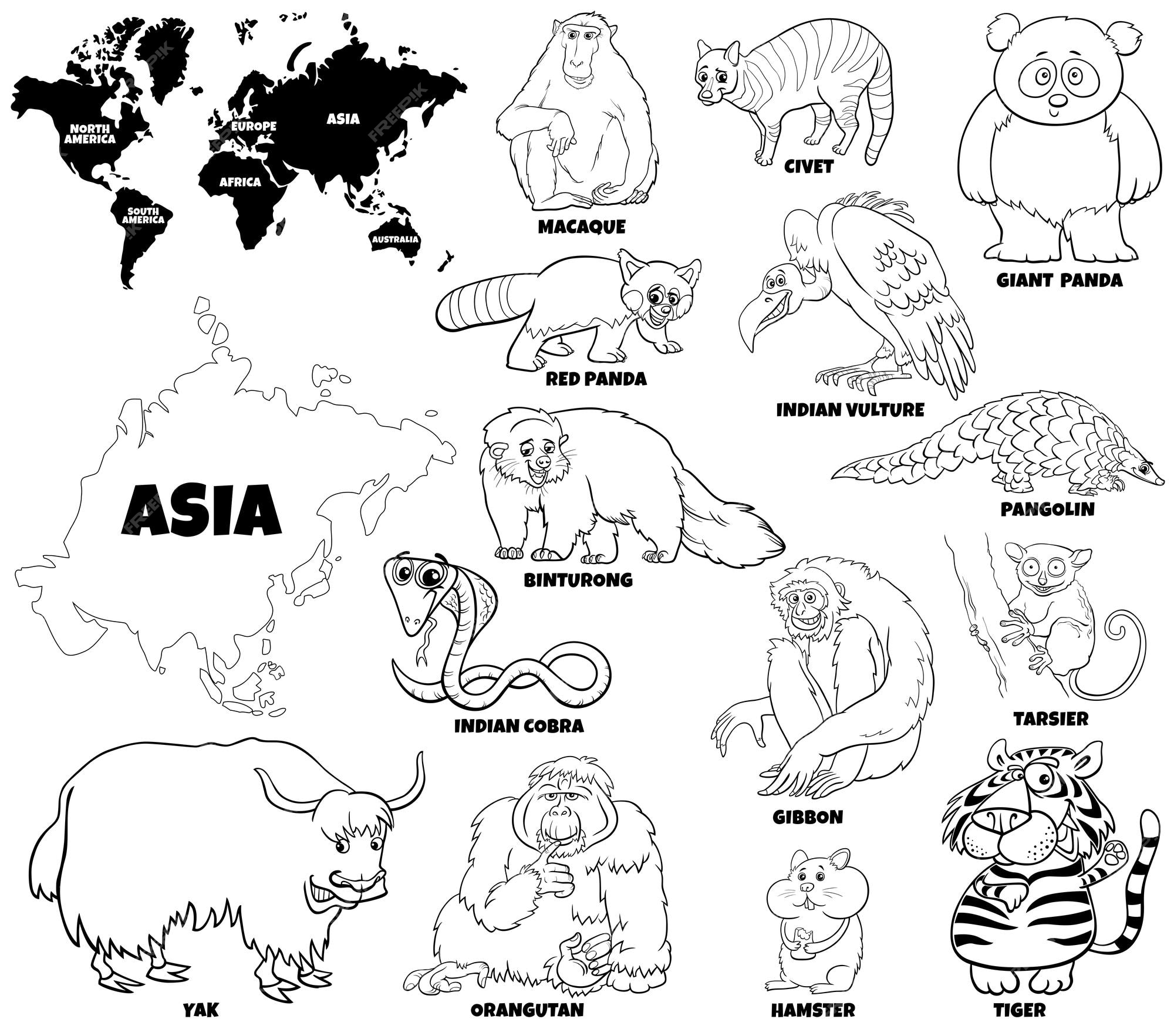 Premium vector educational cartoon illustration of asian animals set and world map coloring book page