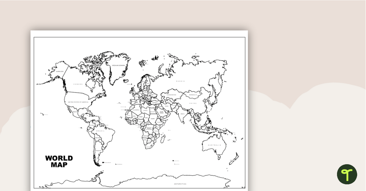 World map with countries labeled teach starter