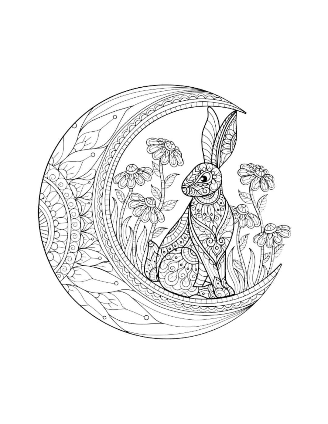 Rabbit mandala coloring page color moon animals draw drawing paper digital file download adult kids education art project school work