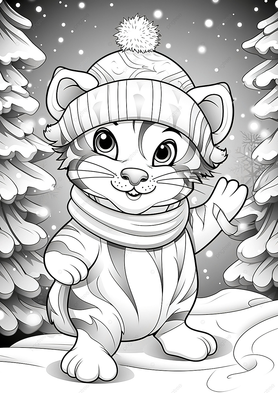 Coloring book for kids with a cute tiger using santa hat and scarf in christmas ball background wallpaper image for free download