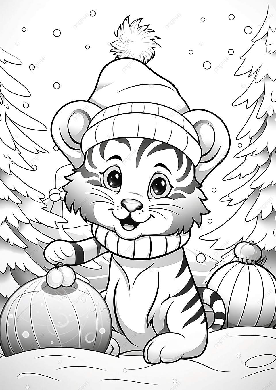 Coloring book for kids with a cute tiger using santa hat and scarf in christmas ball background wallpaper image for free download