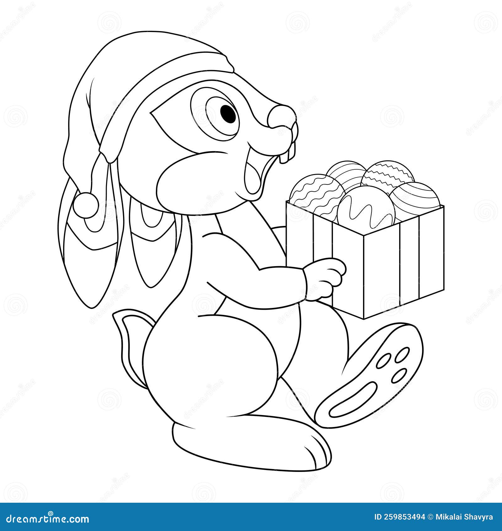 Colorless cartoon rabbit in santa hat carries a full box of christmas balls black and white template for coloring book with bunny stock vector