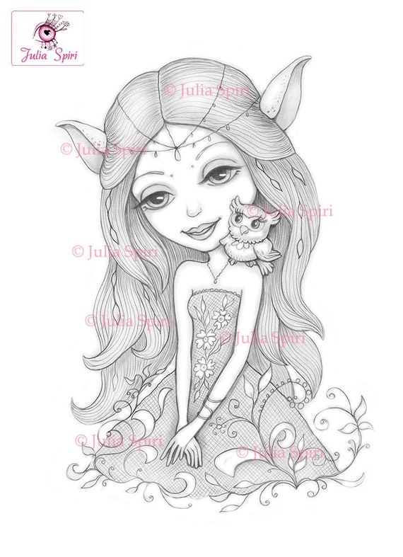 Elf coloring page digital stamp digi girl nature critter elfin fairy sprite fantasy crafting fairytale whimsy craft keya