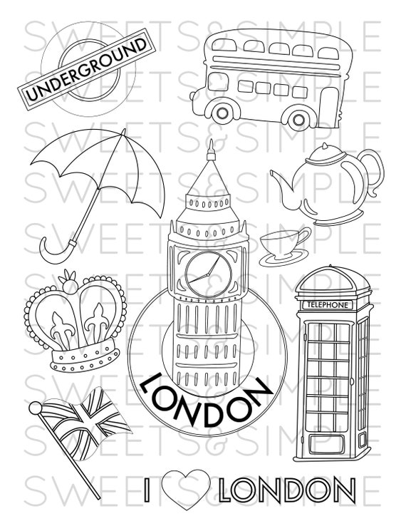 London coloring page coloring sheet i love london england adult coloring collage instant download printable