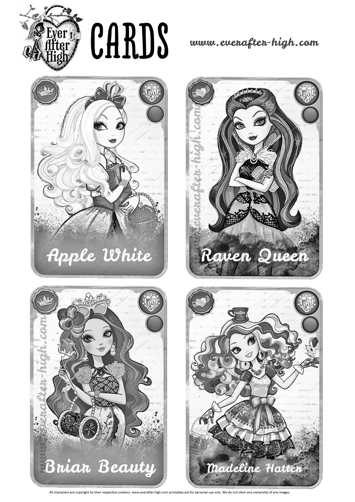 Ever after high character cards coloring pages ever after high