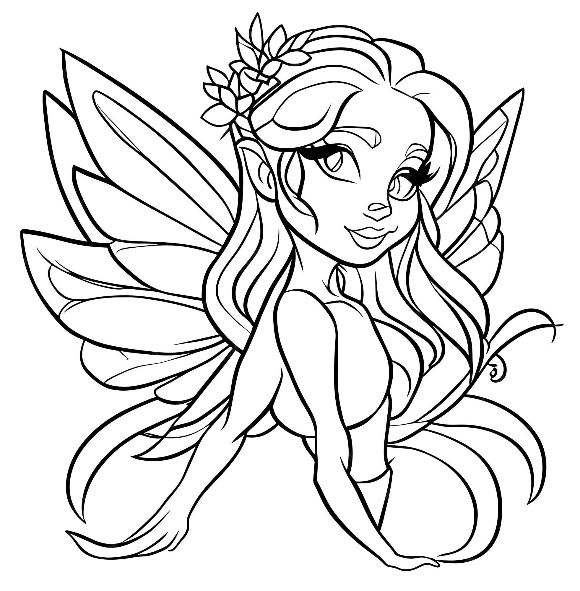 Premium vector beautiful fairy coloring page vector