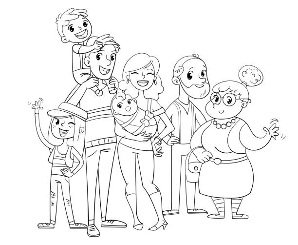 My big family posing together coloring book stock illustration