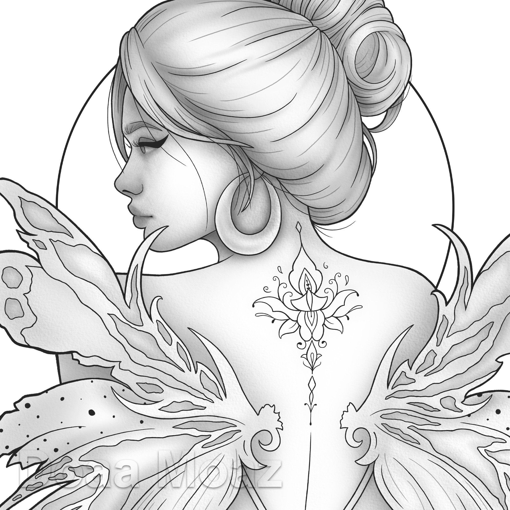 Printable coloring page fantasy character girl wings portrait