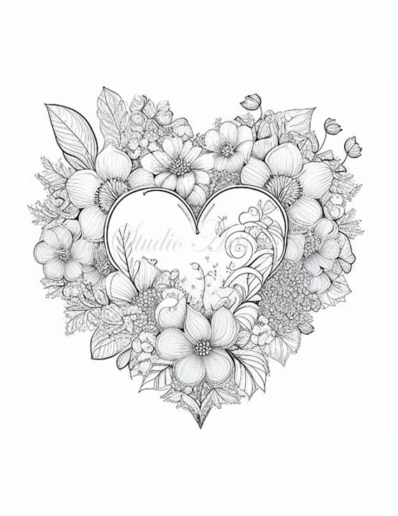 Hearts coloring pages vol downloadable printable coloring pages for adults and teens floral hearts flowers