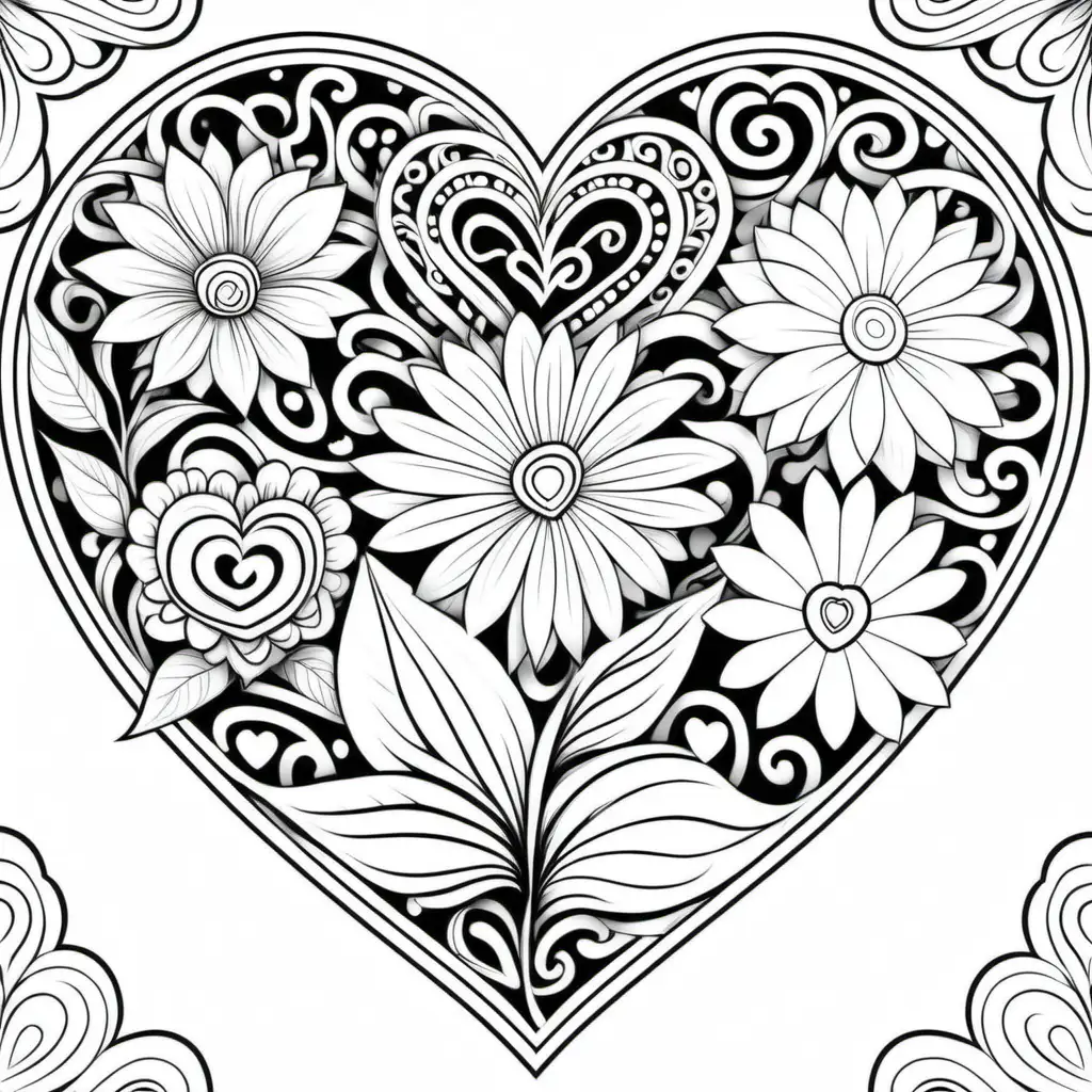 Exquisite black and white flowers and hearts coloring pages muse