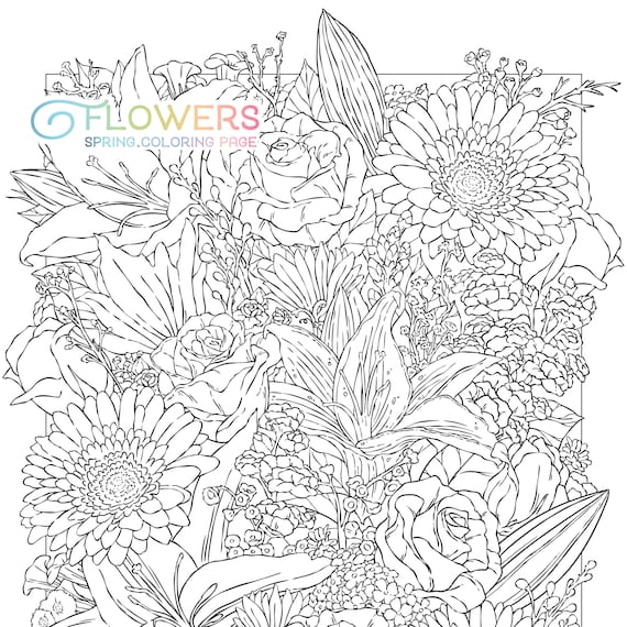 Flowers coloring page floral adult coloring page spring bouquet botanical lineart spring flower digital download pdf printable by jen katz instant download