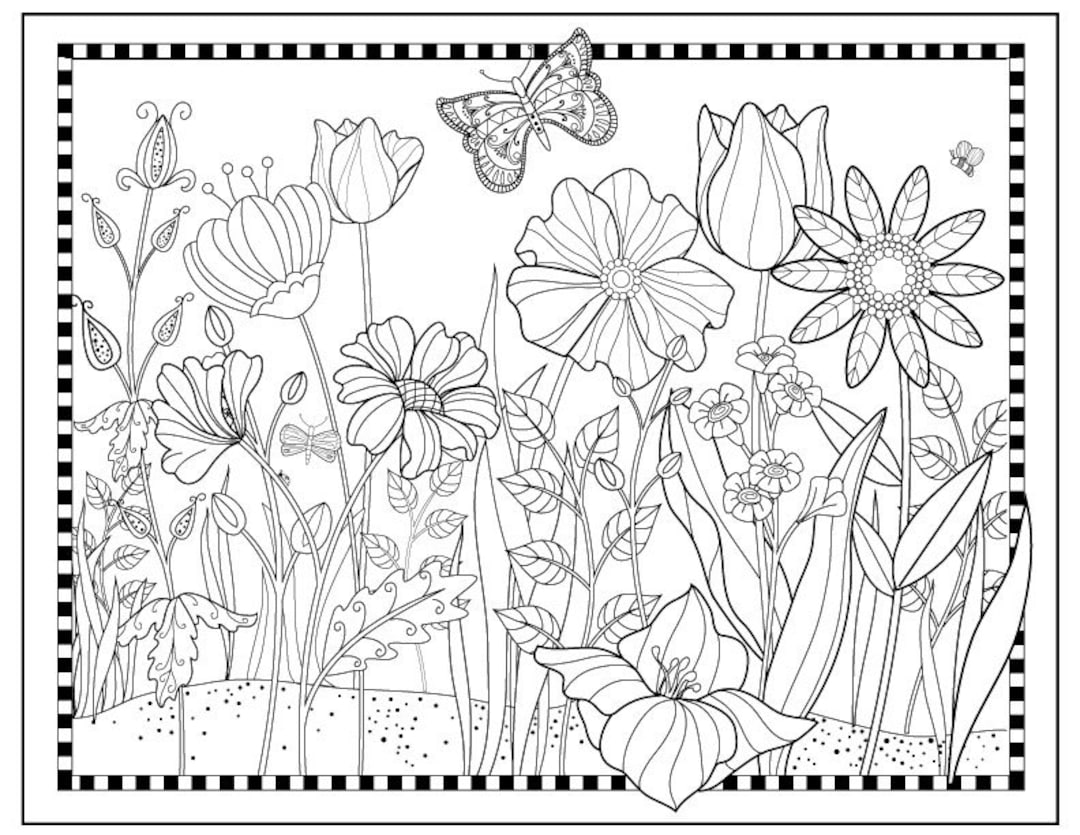 Printable flower garden coloring pageflowers to color magical gardenpretty floral butterfly art digital download fun to color