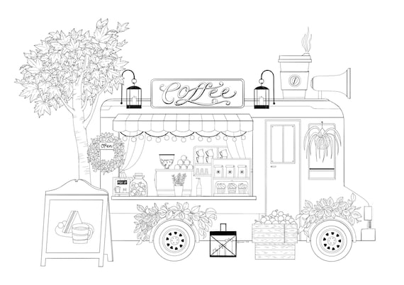 Printable coloring design for adults coffee truck with food and greenery