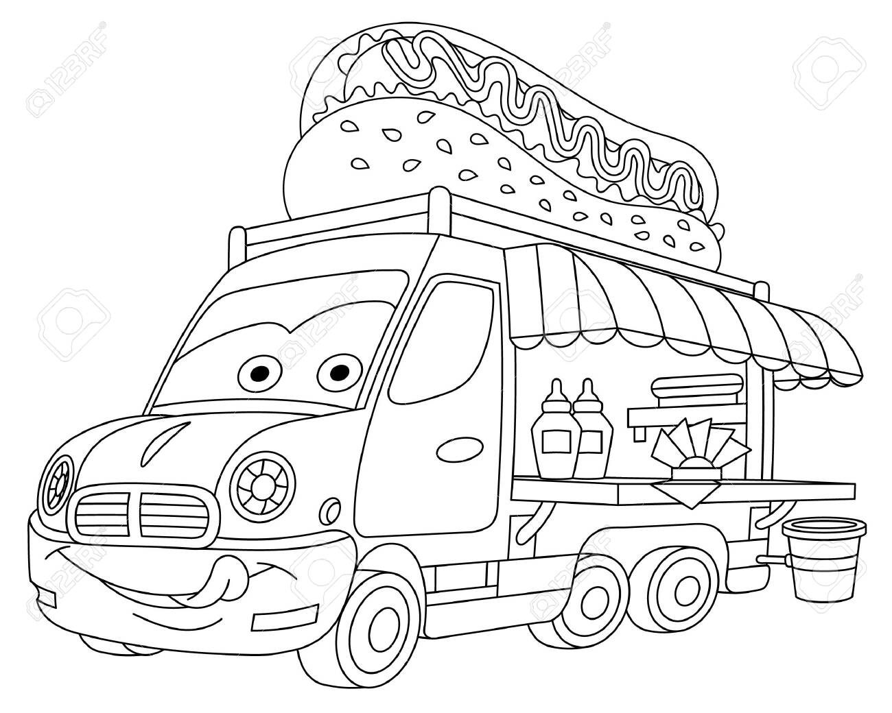 Coloring page coloring picture of cartoon food truck with emoji face childish design for kids activity colouring book about classic vehicles royalty free svg cliparts vectors and stock illustration image