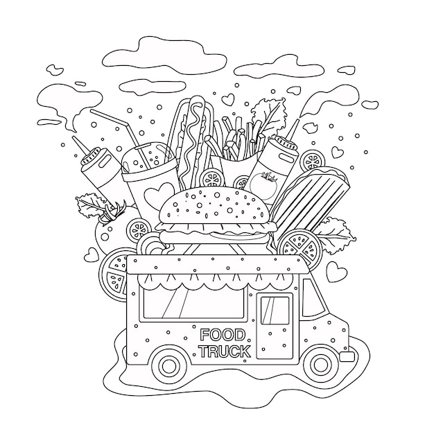 Premium vector outlined vector doodle antistress coloring book page fast food truck for adults and children