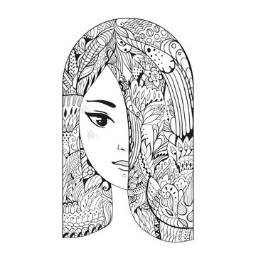 Vektorovã grafika âzen art girl portrait of a female with zentangle hair for the adult antistress coloring page on white background hand drawn zendoodle vector illustrationâ ze sluåby