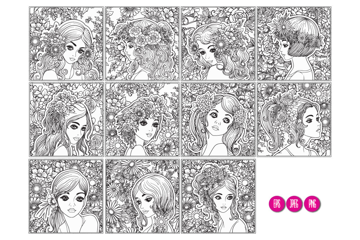 Girls flowers coloring pages by elen lane