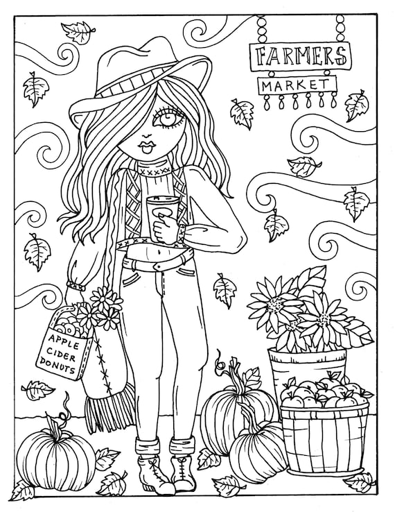 Pages fall girls digital coloring pages digi color page instant download printable color book halloween