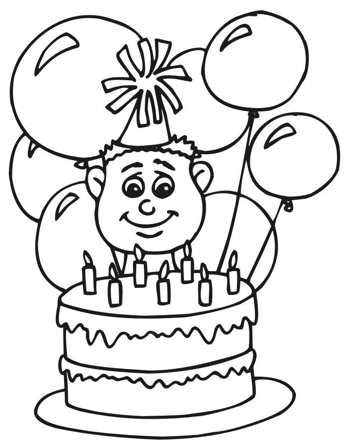 Birthday coloring page a seven year old with his cake