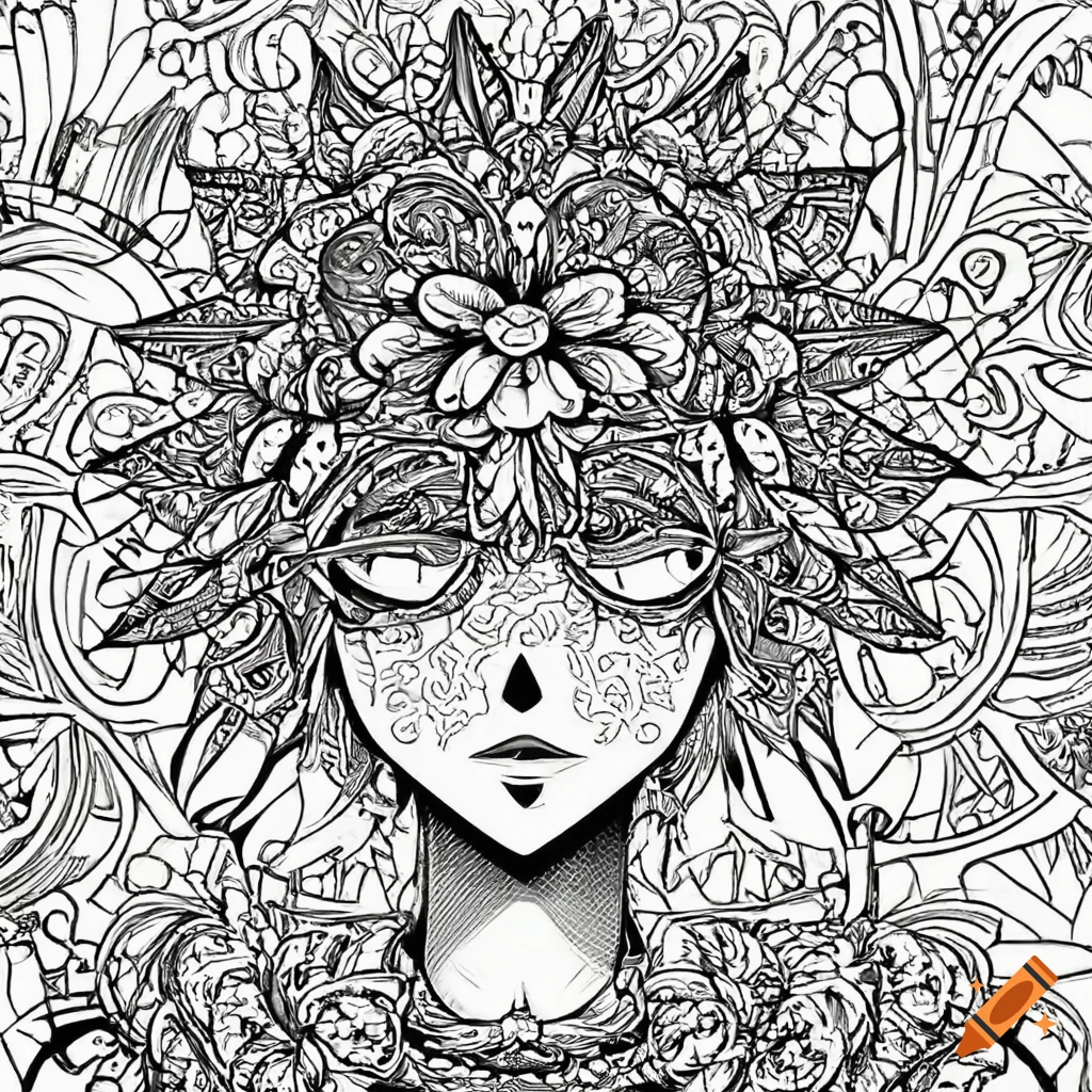 Coloring page for adults mandala anime charactors white background clean line art fine art