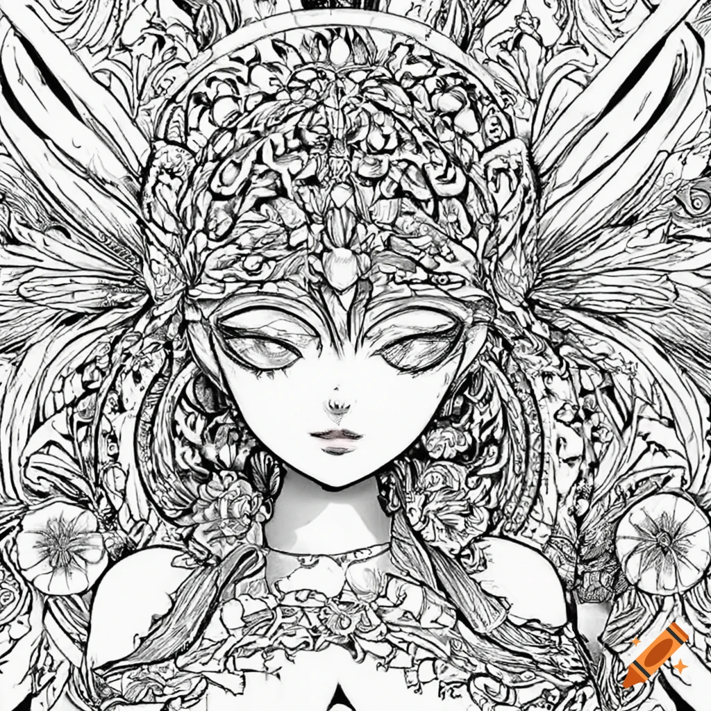 Mandala coloring page with fairies in anime style on