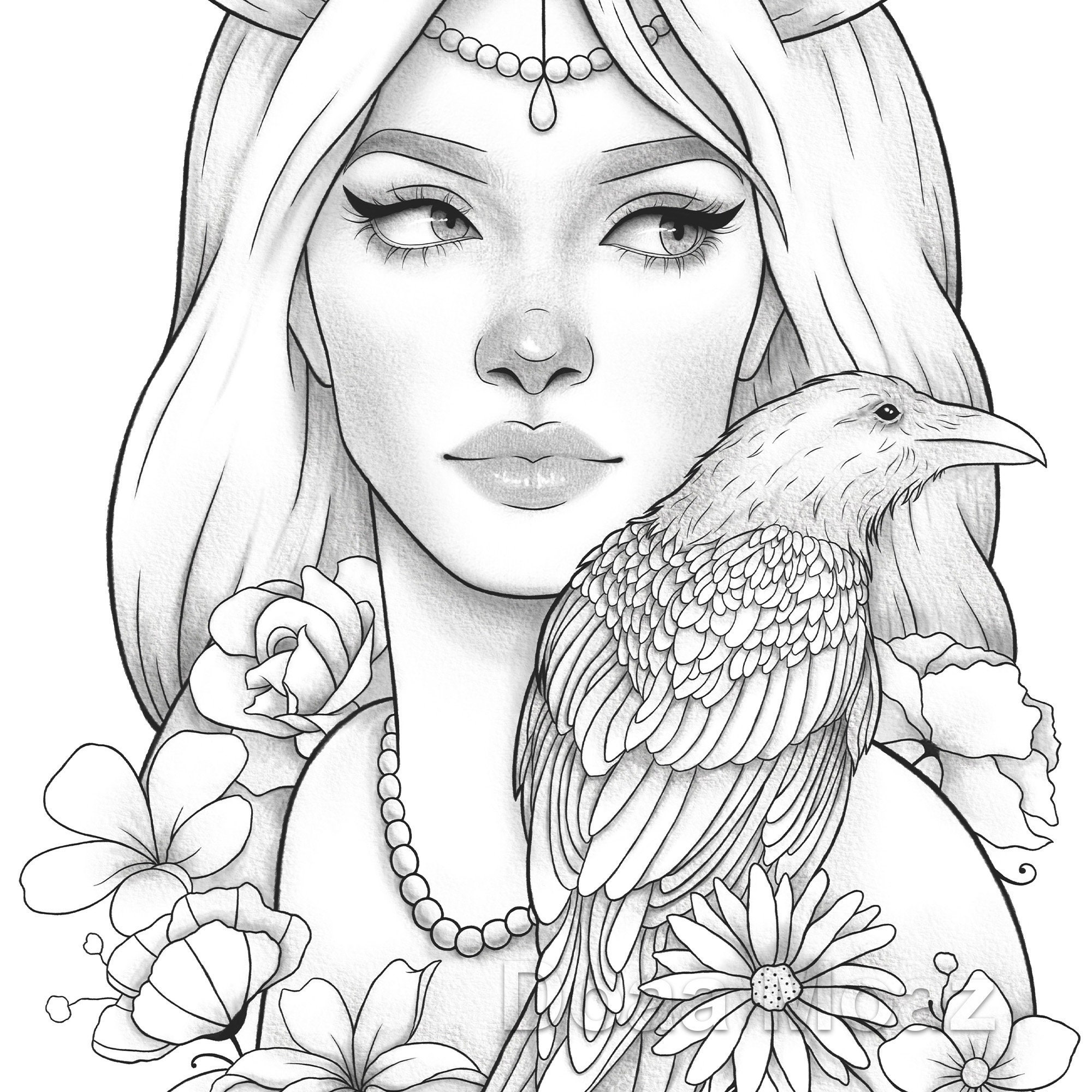 Adult coloring page fantasy girl bird portrait