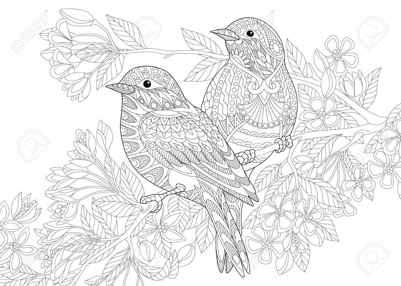 Coloring page of two birds freehand sketch drawing for adult antistress colouring book with doodle and zentangle elements royalty free svg cliparts vectors and stock illustration image