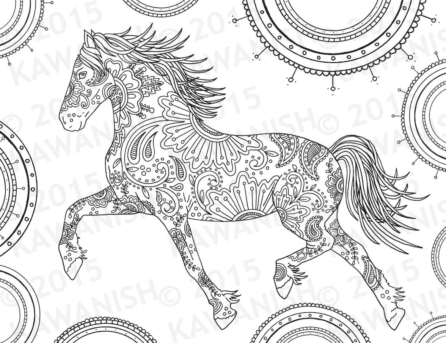 Horse adult coloring page gift wall art mandala zentangle