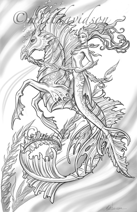 Aquilla and her steed morceffyl seahorse and mermaid coloring pages adult coloring fantasy coloring printable digital download download now
