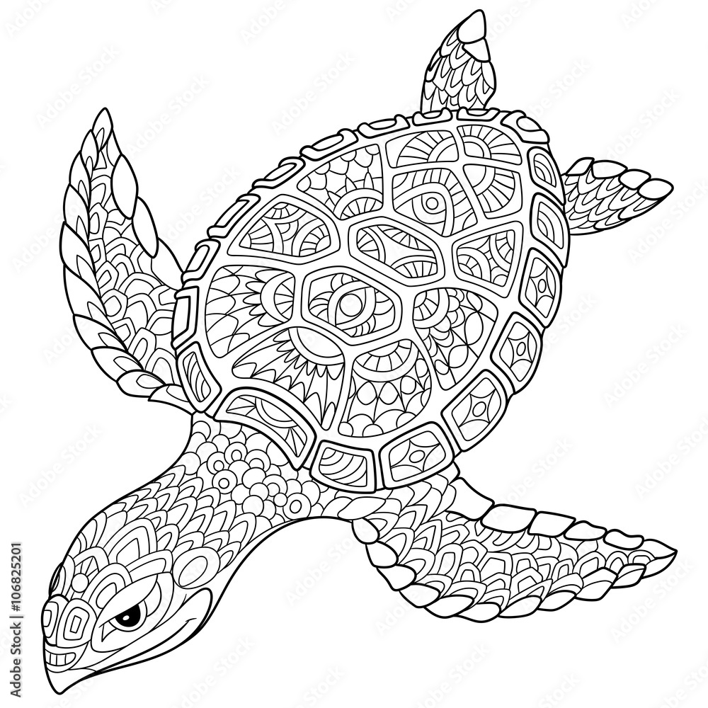 Zentangle stylized cartoon turtle isolated on white background hand drawn sketch for adult antistress coloring page t