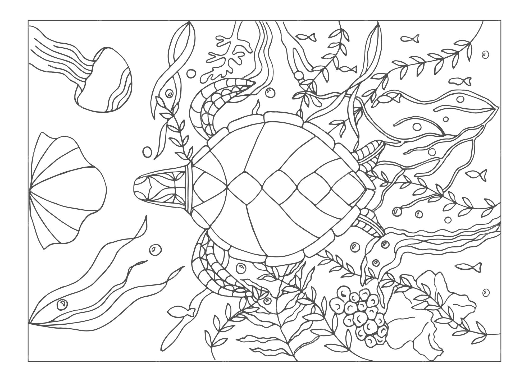 Premium vector a floating turtle coloring page turtles handdrawn for relaxation and stress relief coloring book for adults with doodles zentangle design elements