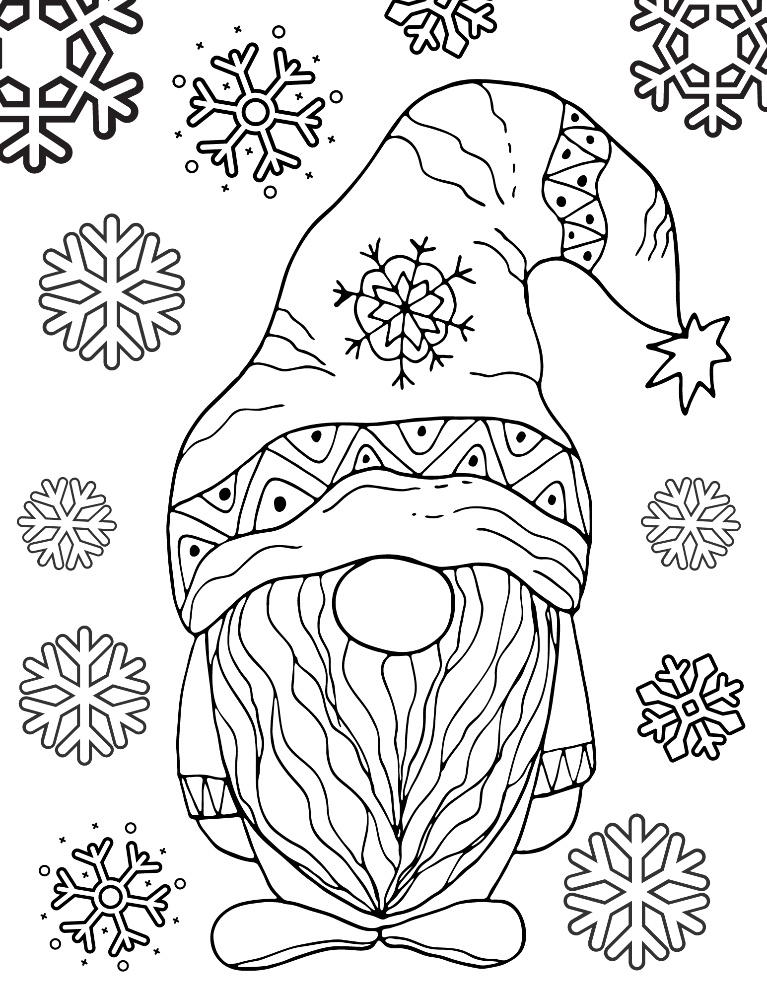 Free printable winter gnomes coloring pages for kids and adults