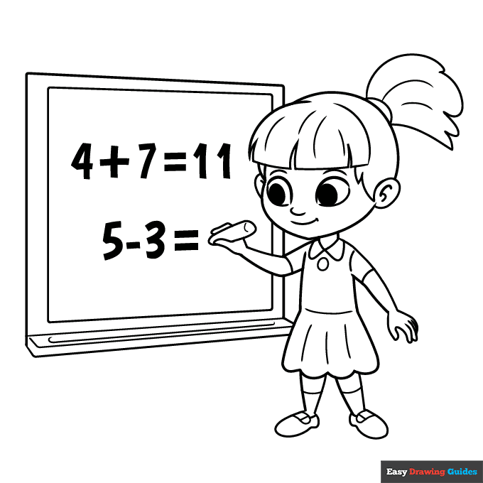 Girl in math class cartoon coloring page easy drawing guides