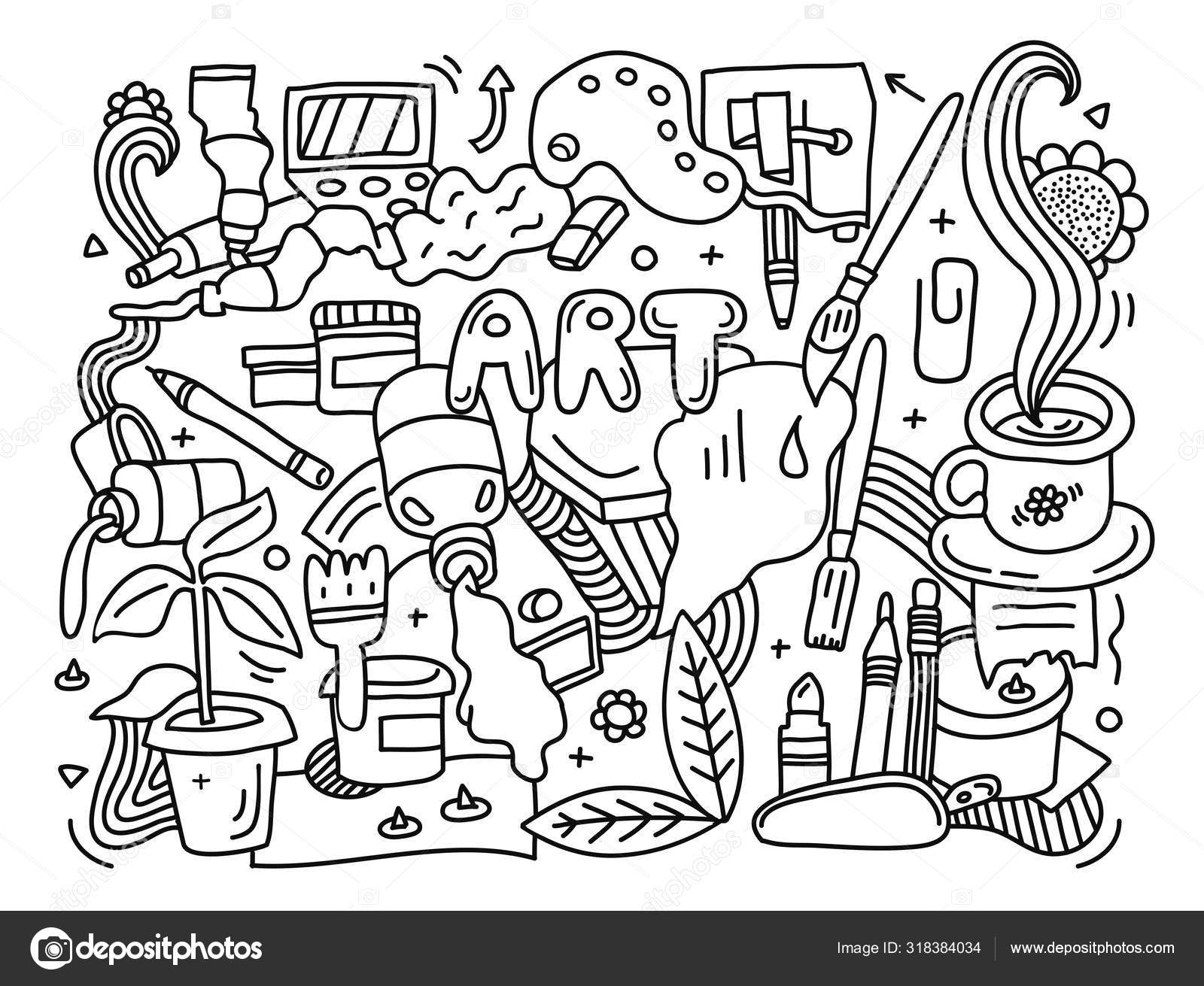 Black and white creative doodle detailed art background different painting drawing and crafts equipment stock vector by meowlinameow