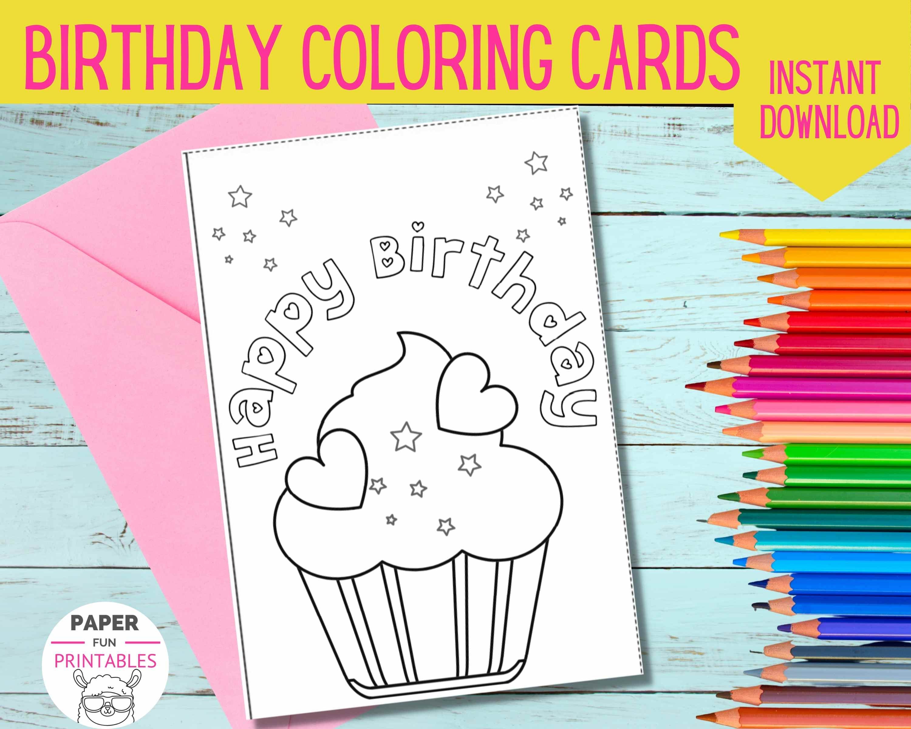 Birthday coloring card color your own diy happy birthday card digital download coloring greetings cards for kids