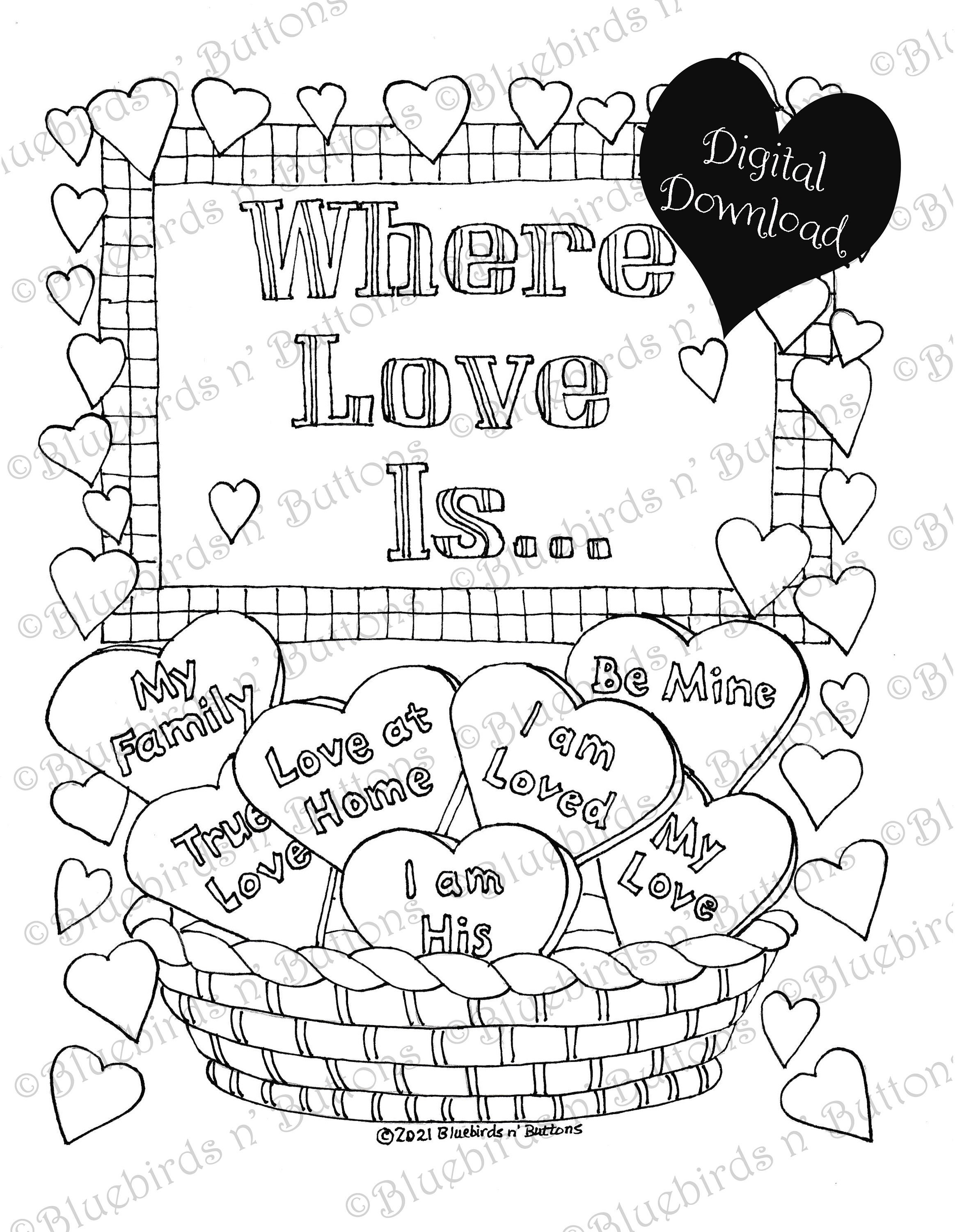 Printable coloring page february where love is adult coloring digital download